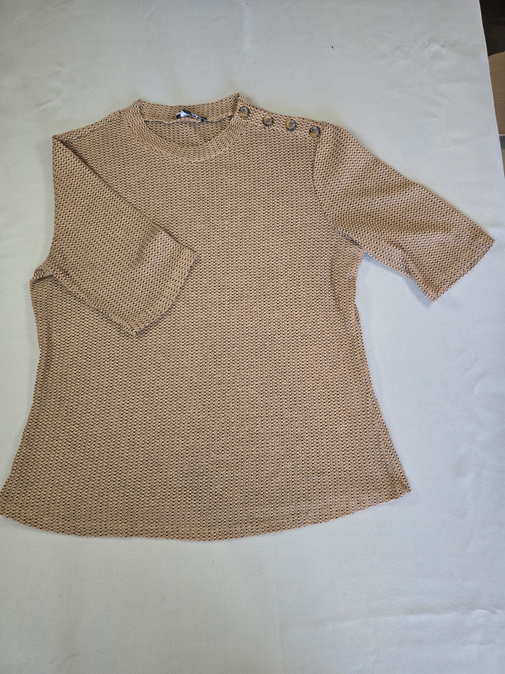 AUW Textured Button-Shoulder Knit Top in Beige